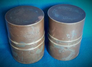 PAIR ANTIQUE CHINESE PEWTER TEA CADDY CANNISTERS SIGNED BIRDS 12