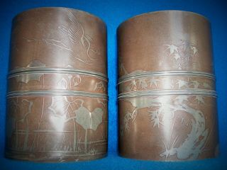 Pair Antique Chinese Pewter Tea Caddy Cannisters Signed Birds