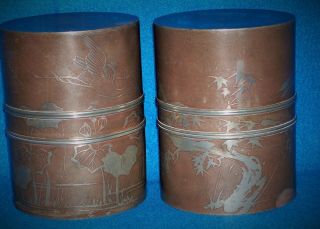 PAIR ANTIQUE CHINESE PEWTER TEA CADDY CANNISTERS SIGNED BIRDS 4