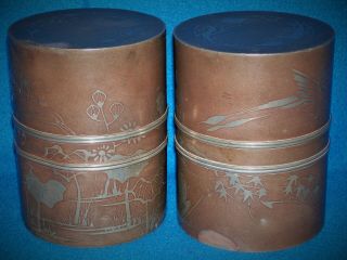 PAIR ANTIQUE CHINESE PEWTER TEA CADDY CANNISTERS SIGNED BIRDS 6