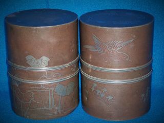 PAIR ANTIQUE CHINESE PEWTER TEA CADDY CANNISTERS SIGNED BIRDS 7