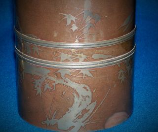 PAIR ANTIQUE CHINESE PEWTER TEA CADDY CANNISTERS SIGNED BIRDS 8
