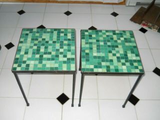 Pair Italian Mid Century Modern Glass Mosaic Tile Iron Tables Paul Mccobb Style