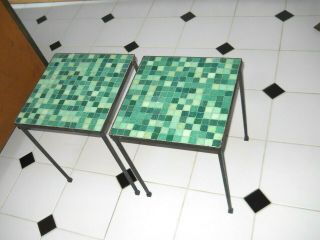 Pair Italian Mid Century Modern Glass Mosaic Tile Iron Tables Paul McCobb Style 2