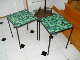 Pair Italian Mid Century Modern Glass Mosaic Tile Iron Tables Paul McCobb Style 3