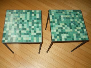 Pair Italian Mid Century Modern Glass Mosaic Tile Iron Tables Paul McCobb Style 4