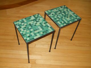 Pair Italian Mid Century Modern Glass Mosaic Tile Iron Tables Paul McCobb Style 6