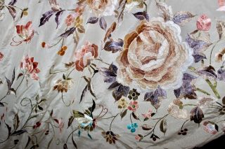 Antique Vintage Embroidered Floral Butterfly Cream Silk Piano Shawl Manton 10
