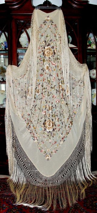 Antique Vintage Embroidered Floral Butterfly Cream Silk Piano Shawl Manton