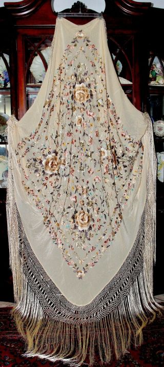 Antique Vintage Embroidered Floral Butterfly Cream Silk Piano Shawl Manton 2