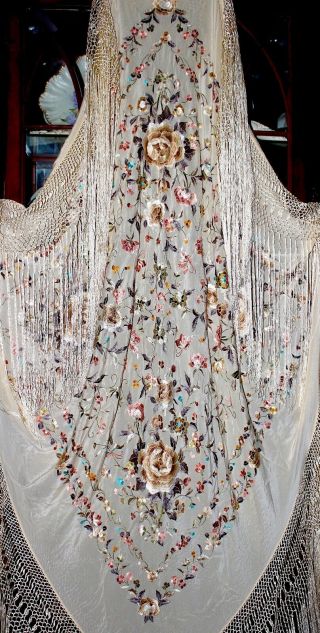 Antique Vintage Embroidered Floral Butterfly Cream Silk Piano Shawl Manton 3