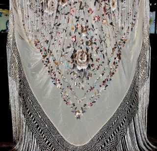 Antique Vintage Embroidered Floral Butterfly Cream Silk Piano Shawl Manton 4