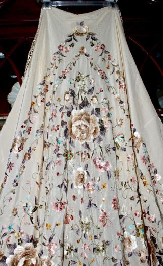 Antique Vintage Embroidered Floral Butterfly Cream Silk Piano Shawl Manton 6