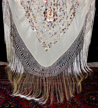 Antique Vintage Embroidered Floral Butterfly Cream Silk Piano Shawl Manton 7