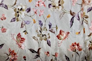 Antique Vintage Embroidered Floral Butterfly Cream Silk Piano Shawl Manton 9
