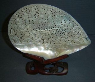 Chinese Antique Qing Carved Mother Of Pearl Single Shell Dragons And Immortals.