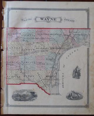 Rare Antique Map Wayne County Michigan 1876 Detroit Dearborn Old Plat
