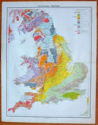 1897 Antique Map England & Wales Geological Cainozoic Coal Measures Jurassic