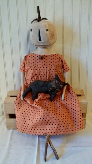 Primitive Grungy White Pumpkin Lady Halloween Doll & Her Cat
