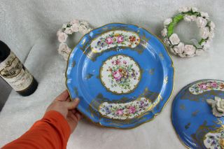 Antique French Porcelain centerpiece bowl floral hand paint plate manner sevres 7