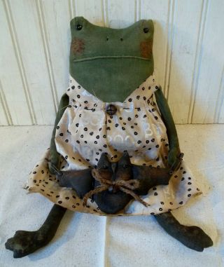Primitive Grungy Lady Frog Halloween Doll & Her Bat