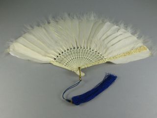 Antique Chinese Canton Carved Brise Goose Feather & Marabou Down Fan 11