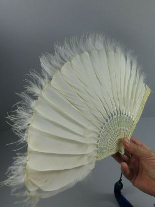Antique Chinese Canton Carved Brise Goose Feather & Marabou Down Fan 12
