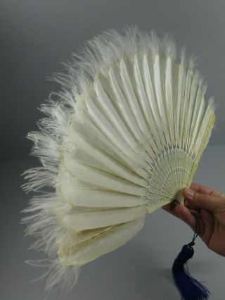 Antique Chinese Canton Carved Brise Goose Feather & Marabou Down Fan