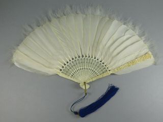 Antique Chinese Canton Carved Brise Goose Feather & Marabou Down Fan 2