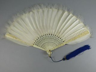 Antique Chinese Canton Carved Brise Goose Feather & Marabou Down Fan 3