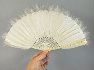 Antique Chinese Canton Carved Brise Goose Feather & Marabou Down Fan 4