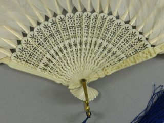 Antique Chinese Canton Carved Brise Goose Feather & Marabou Down Fan 6