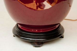 Chinese Oxblood Sang De Boeuf Porcelain Jar Table Lamp w/ Wood Base & Cap 3