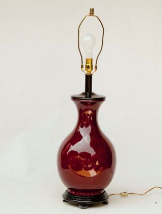 Chinese Oxblood Sang De Boeuf Porcelain Jar Table Lamp w/ Wood Base & Cap 5