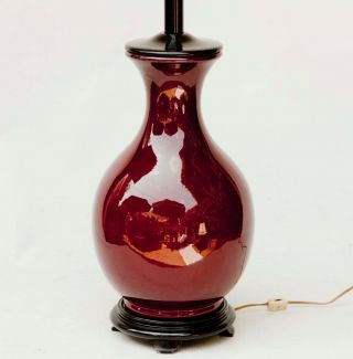 Chinese Oxblood Sang De Boeuf Porcelain Jar Table Lamp w/ Wood Base & Cap 6