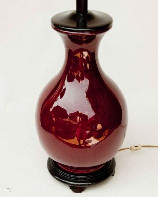 Chinese Oxblood Sang De Boeuf Porcelain Jar Table Lamp w/ Wood Base & Cap 7