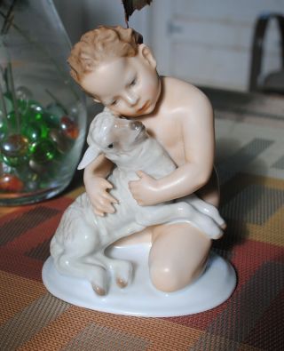Rosenthal Art Nouveau Child with Lamb Figurine Kunstabteilung Selb Signed 2