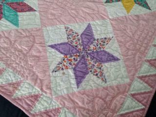 Vintage Feedsack Fabric Star Quilt 30 ' s 40 ' s Floral Novelty Pink Accents 72x94 11