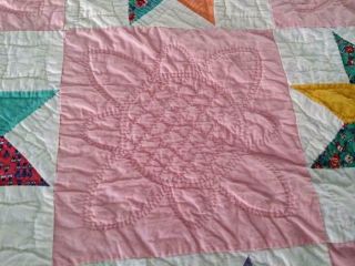 Vintage Feedsack Fabric Star Quilt 30 ' s 40 ' s Floral Novelty Pink Accents 72x94 12