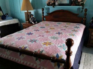 Vintage Feedsack Fabric Star Quilt 30 ' s 40 ' s Floral Novelty Pink Accents 72x94 2