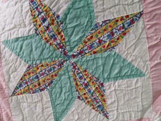 Vintage Feedsack Fabric Star Quilt 30 ' s 40 ' s Floral Novelty Pink Accents 72x94 6