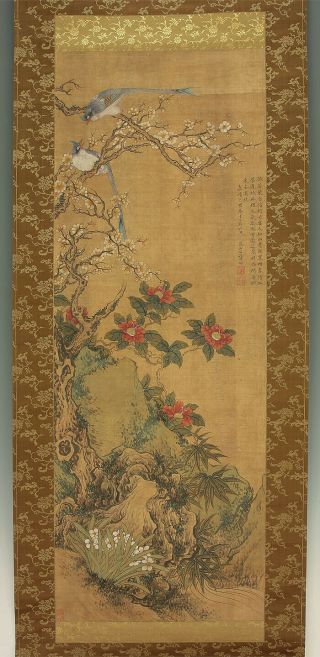 掛軸1967 Chinese Hanging Scroll " Ume,  Camellia,  Narcissus And Birds " @k512