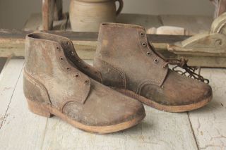 Antique Leather Boots Lace Up French Work Wear Shoes Brown W/ Wooden Sole