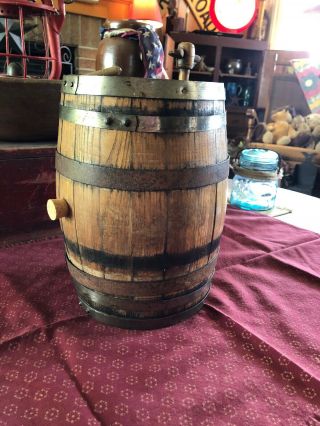 SMALL ANTIQUE WOODEN WHISKEY BARREL WINE KEG 12” TALL WITH TAP AND CORK 6 BANDS 10