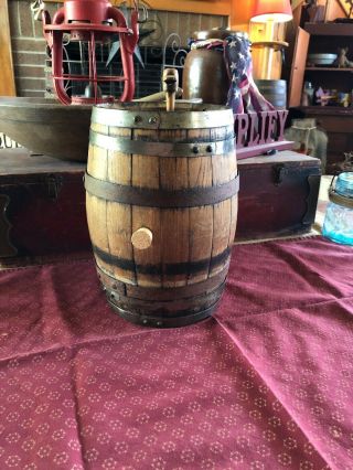 SMALL ANTIQUE WOODEN WHISKEY BARREL WINE KEG 12” TALL WITH TAP AND CORK 6 BANDS 11