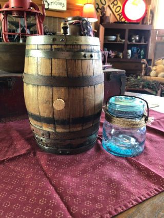 SMALL ANTIQUE WOODEN WHISKEY BARREL WINE KEG 12” TALL WITH TAP AND CORK 6 BANDS 2