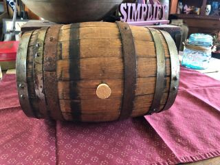 SMALL ANTIQUE WOODEN WHISKEY BARREL WINE KEG 12” TALL WITH TAP AND CORK 6 BANDS 4
