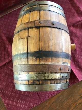 SMALL ANTIQUE WOODEN WHISKEY BARREL WINE KEG 12” TALL WITH TAP AND CORK 6 BANDS 6
