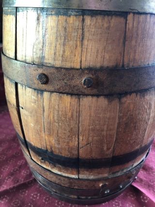 SMALL ANTIQUE WOODEN WHISKEY BARREL WINE KEG 12” TALL WITH TAP AND CORK 6 BANDS 8