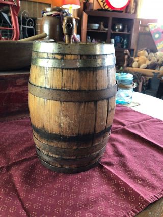 SMALL ANTIQUE WOODEN WHISKEY BARREL WINE KEG 12” TALL WITH TAP AND CORK 6 BANDS 9